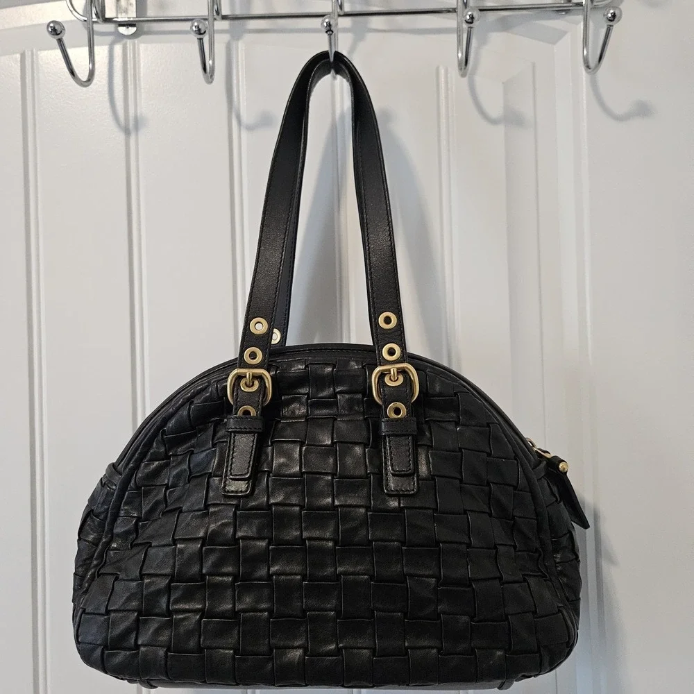 Escada Woven Satchel Shoulder Leather Bag Top Handle Gold Hardware Black